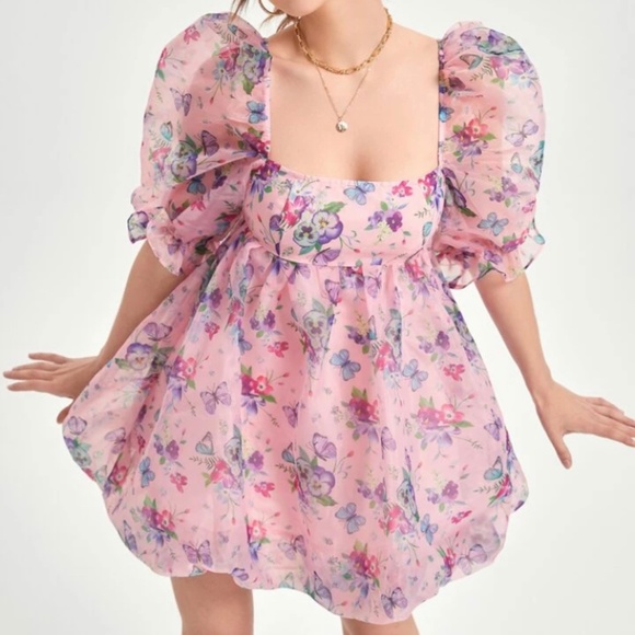 Square Neck Puff Sleeve Butterfly Floral Baby Doll Dress Live Your Barbie Dreams - Picture 4 of 7